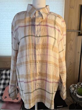 NWOT Cremieux Men’s XL Linen Plaid Button-Down Shirt in Ivory, Mustard & Mauve